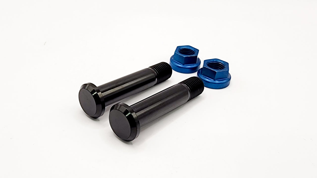 Two black bolts and two blue nuts on a white background